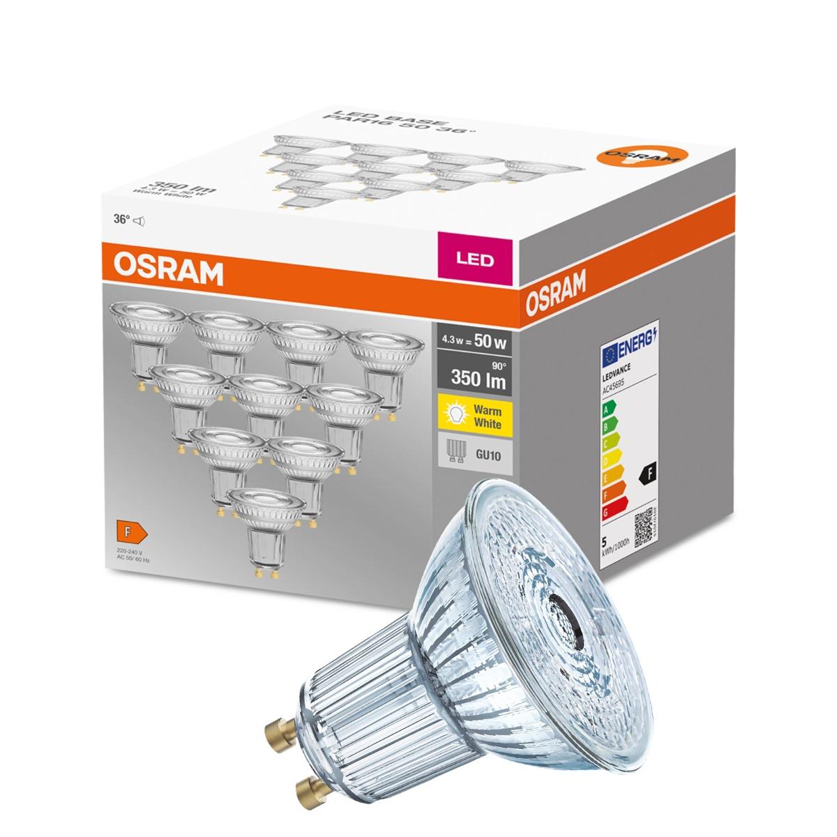10x-balenie LED žiaroviek OSRAM GU10 4,3W (ekv. 50W) 350lm 2700K teplá biela, 36°