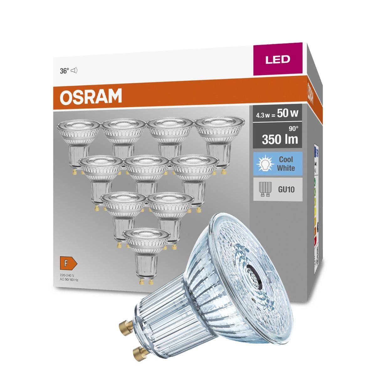 10x LED žiarovka OSRAM GU10 4,3W = 50W, 350lm, 4000K neutrálna biela, 36°