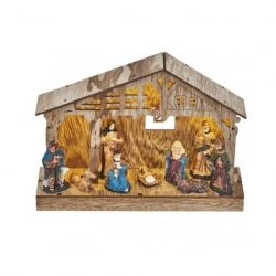 LED vianočný betlehem drevený, 19 cm, 3x AA, vnútorný, teplá biela, časovač