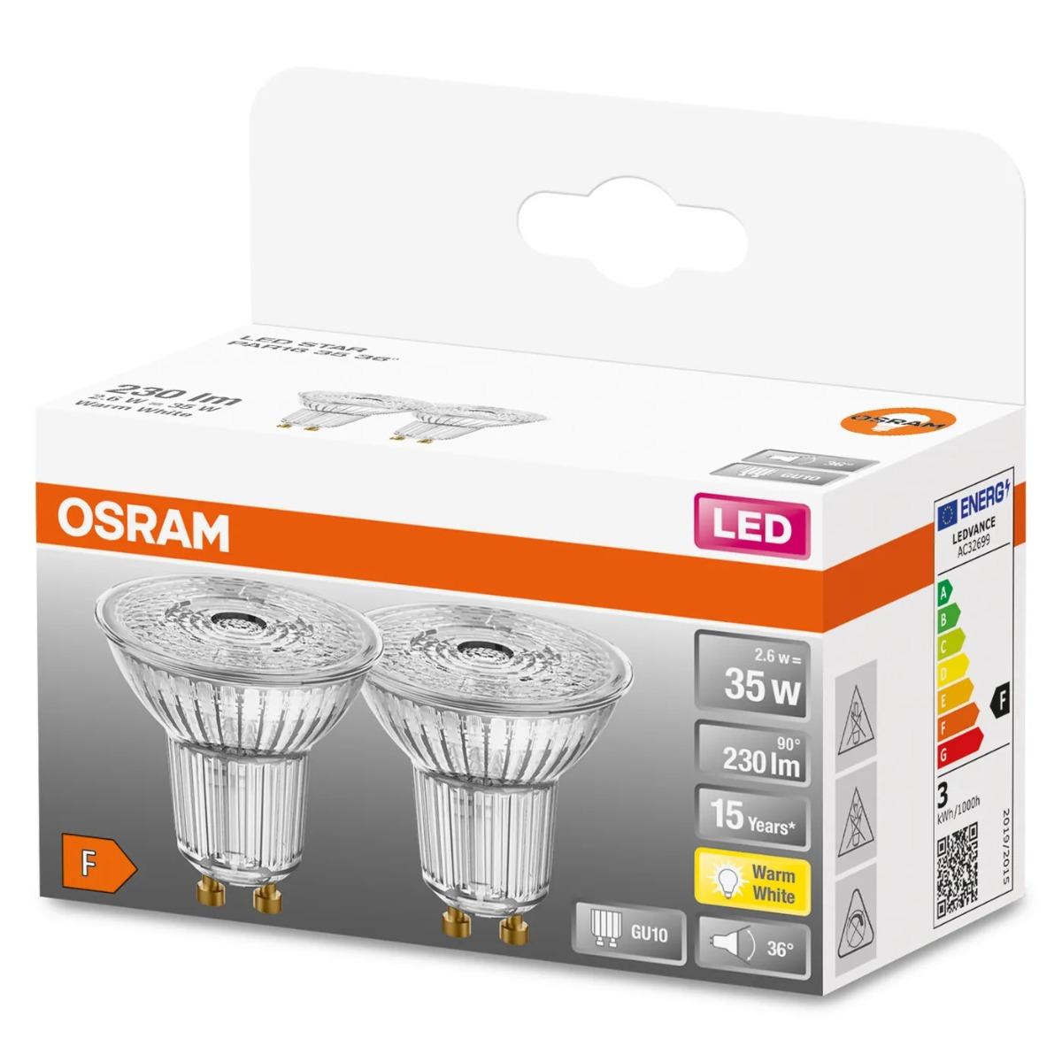 2x GU10 LED žiarovka OSRAM STAR 2,6W (35W) 230 lm, 2700K, 36°