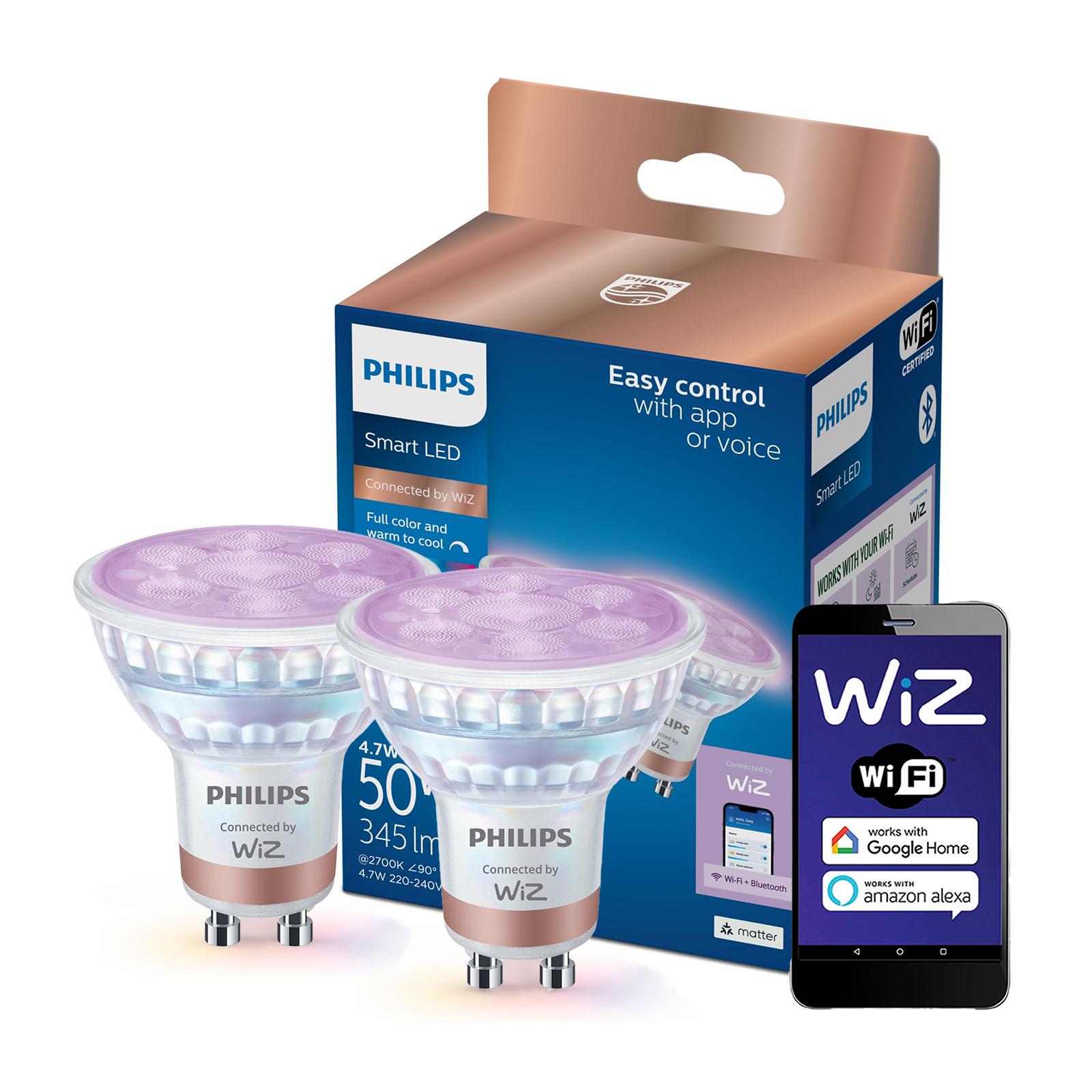 2x SMART LED žiarovka Philips WiZ GU10 4,7W (50W) 2200–6500K + RGB, WiFi, 36°
