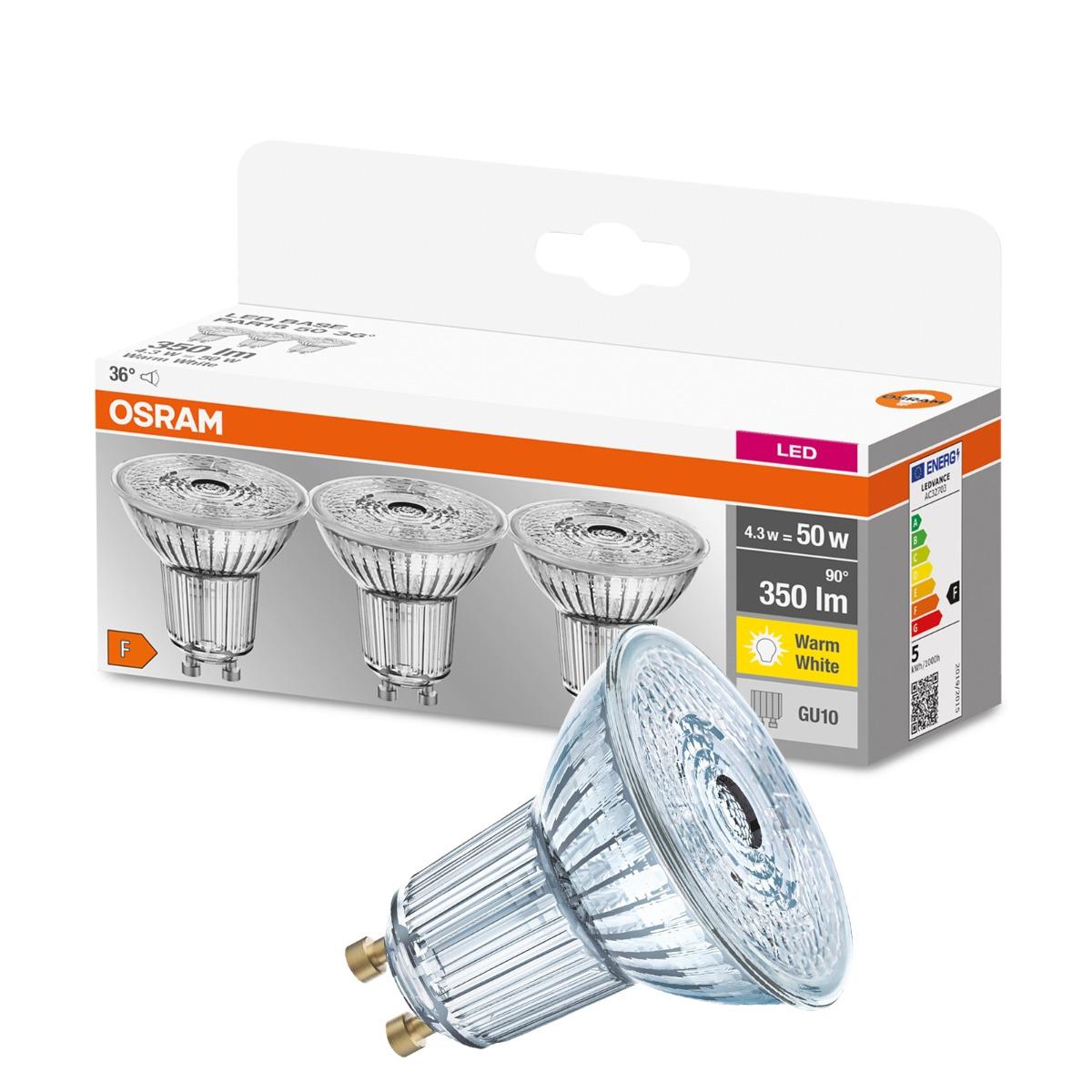 3PAK LED žiarovky OSRAM GU10 3,6W = 50W, 350lm, 2700K, teplá biela, 36°