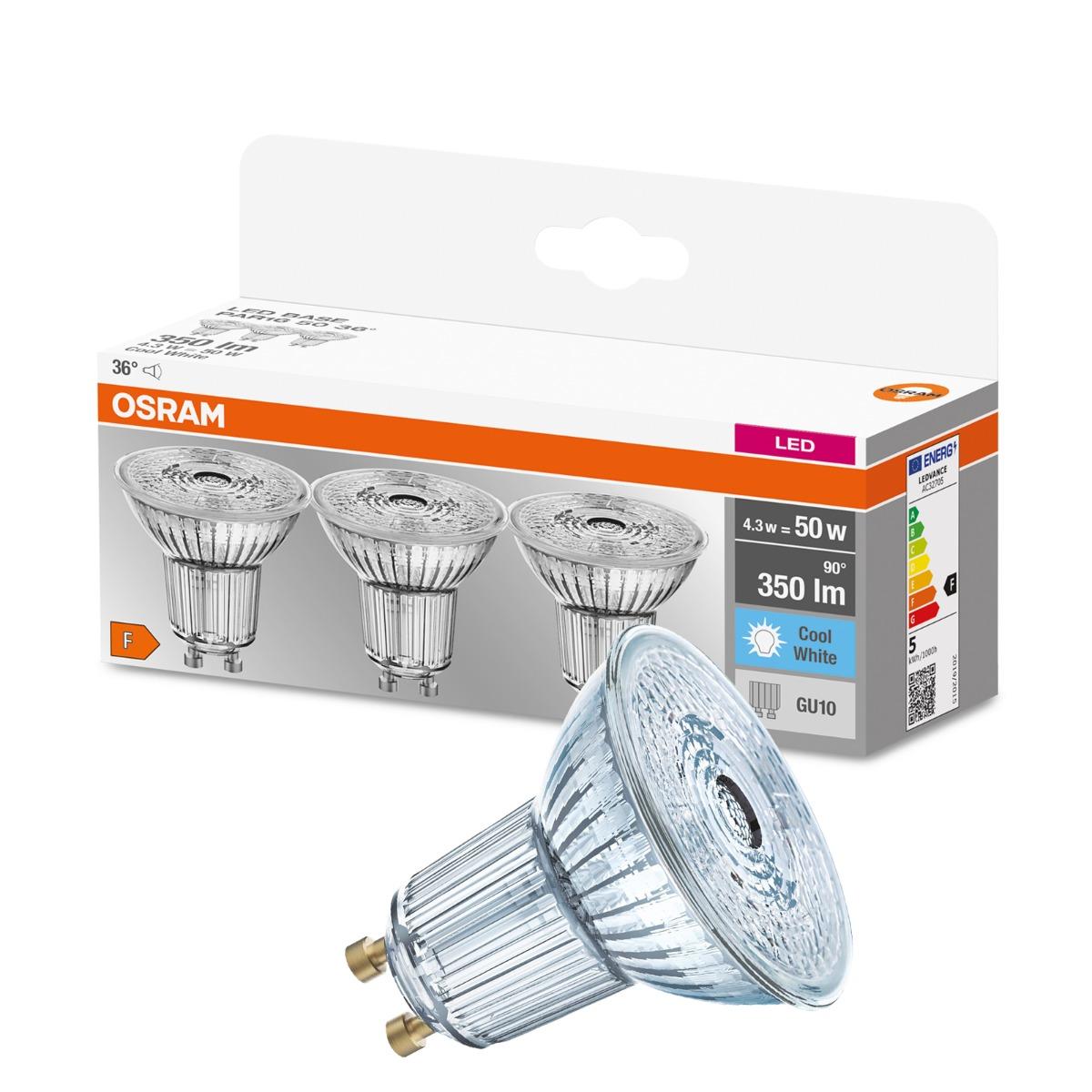 3PAK LED žiarovka OSRAM GU10 4,3W, 350lm, 4000K – BASE, neutrálna biela