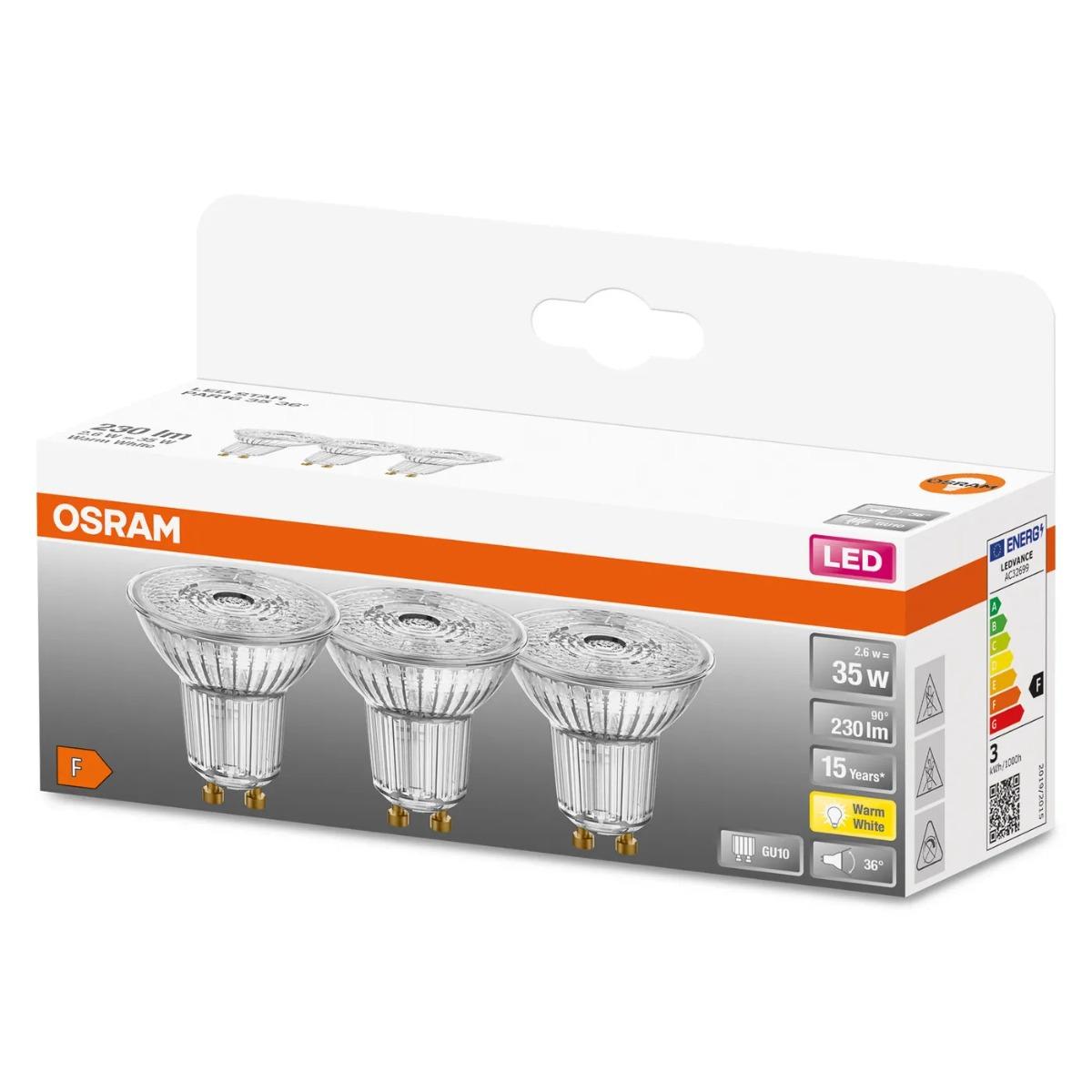 3x LED žiarovka OSRAM GU10 2,6W – 230 lm, 2700K, 36° – STAR