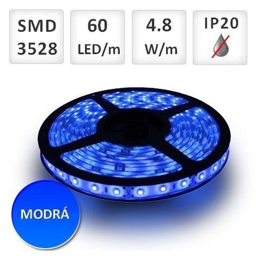 5m LED pásik 12V IP20 4,8W/m Modrý IP20