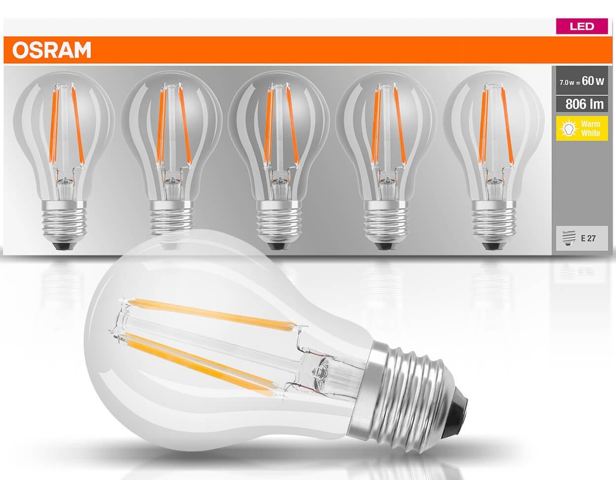 5PAK E27 LED ŽIAROVK A60 7WTEPLÁ BIELA 360° FILAMENT OSRAM