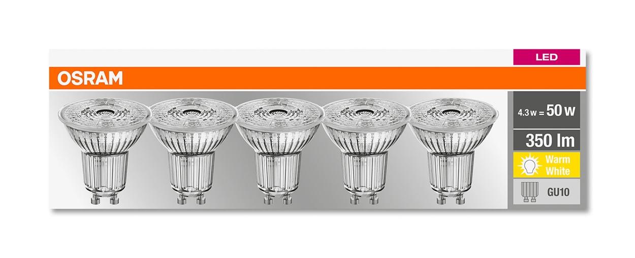 5-balenie LED žiaroviek OSRAM GU10 4,3W, 350lm, 2700K, 36°