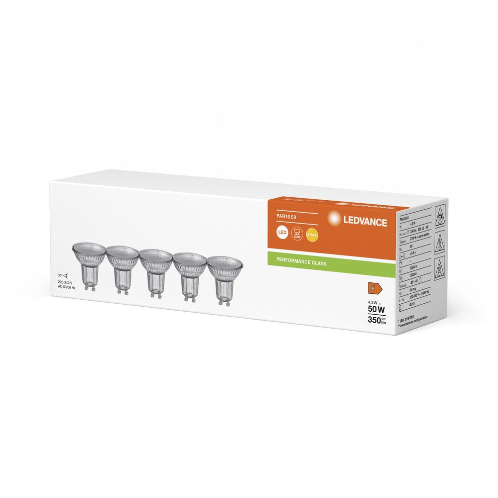 LEDVANCE 5x LED žiarovka PAR16 GU10 4,3W (50W) 350lm 2700K – 36°