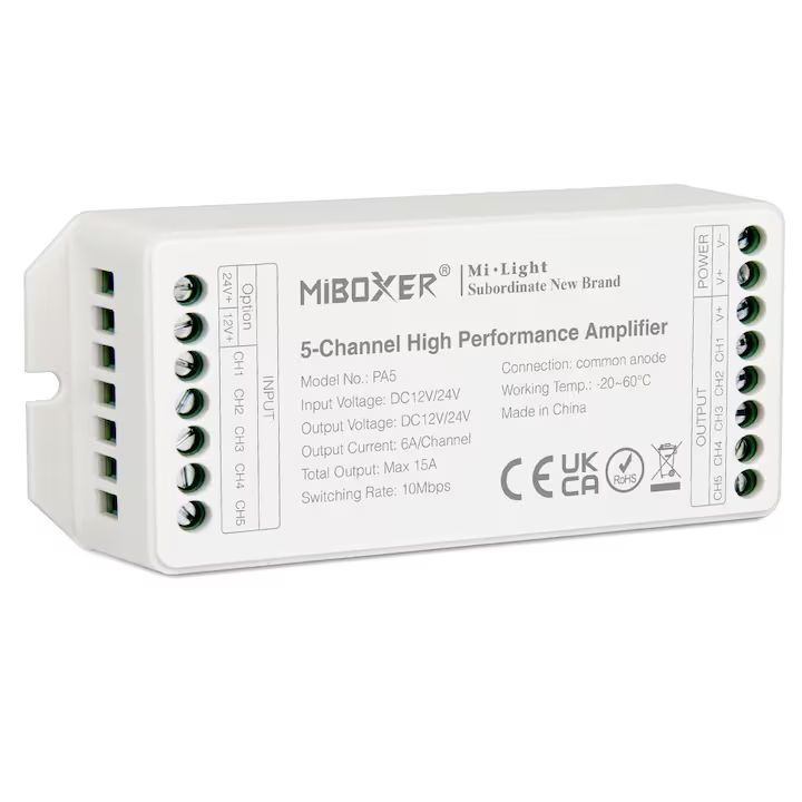 Amplifikátor - zosilňovač LED MiBoxer PA5, 5-kanálový, DC 12-24V