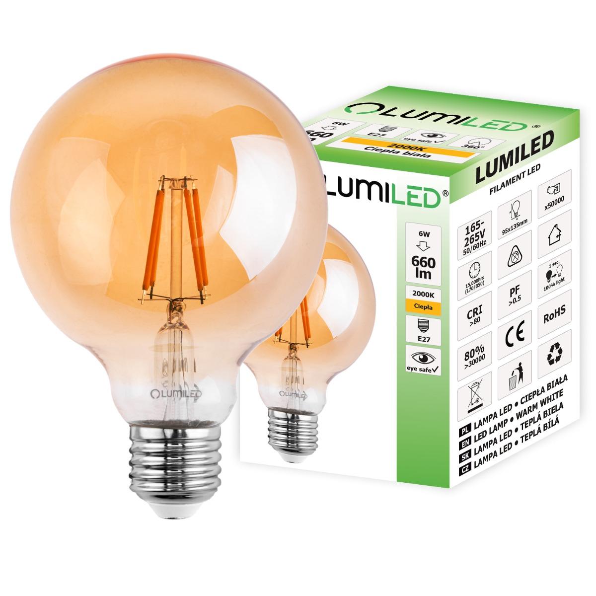 E27 DEKORATÍVNA LED FILAMENT G95 6W 2000K TEPLÁ 360° LUMILED GLOBE AMBER