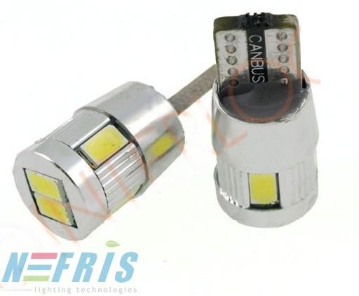 LED AUTO ŽIAROVKA T10 W5W 6 SMD5630 CANBUS, STUDENÁ BIELA