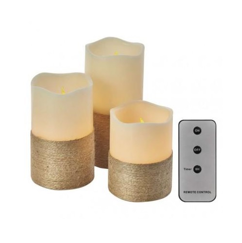 LED dekorácia – 3x vosková sviečka s povrázkom, 3x 3x AAA, vnútorná, vintage, ovládač