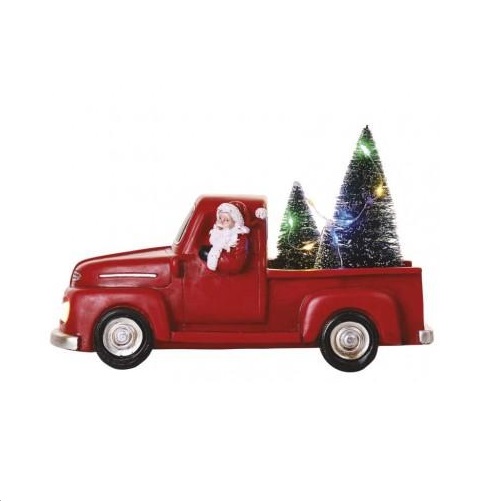 LED dekorácia – Santa v aute s vianoč. stromčekmi, 10 cm, 3x AA, vnútorná, multicolor