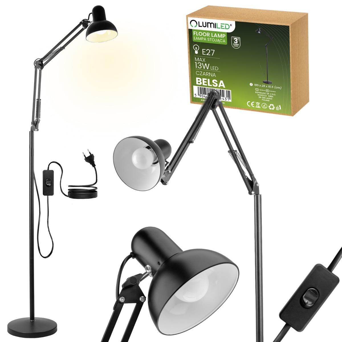 LED E27 čierna s nastaviteľnou výškou Belsa Lumiled stojaca lampa