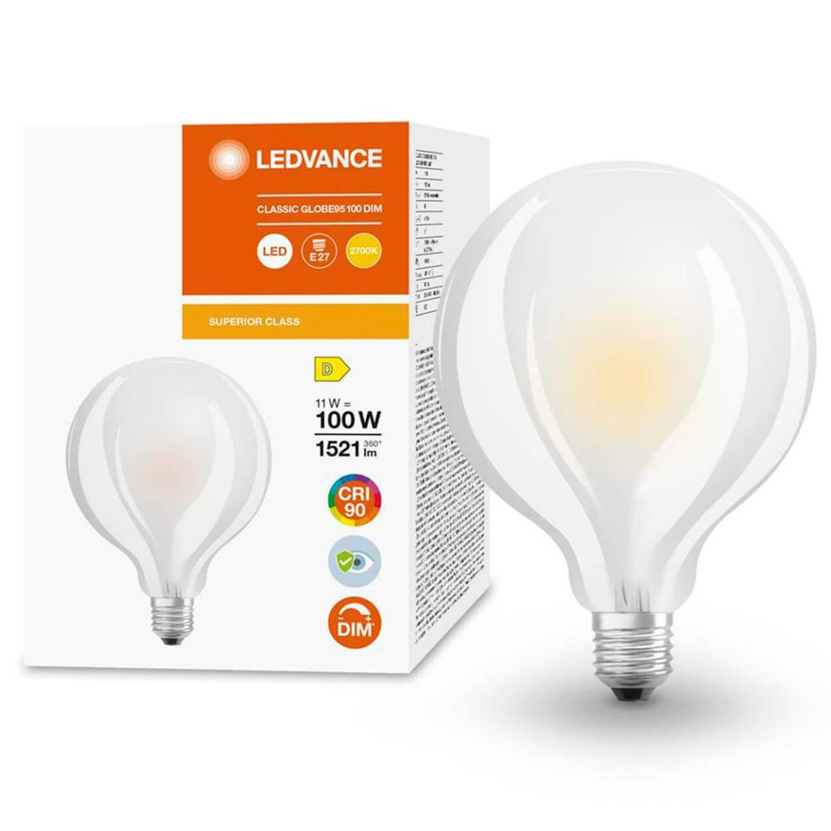 LED GLÓBUS E27 G125 11W TEPLÁ BIELA 360° ŽIAROVKA MLIEKO STMIEVATEĽNÉ LEDVANCE SUPERIOR