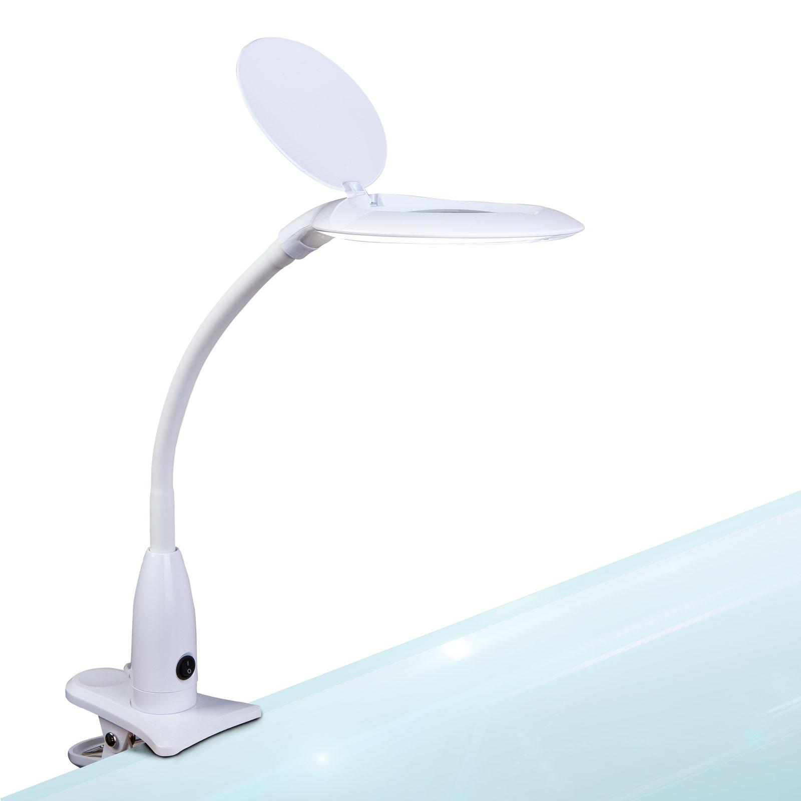 LED stolová lampa s lupou a klipom – biela, 5x zväčšenie, 30 LED, 7W