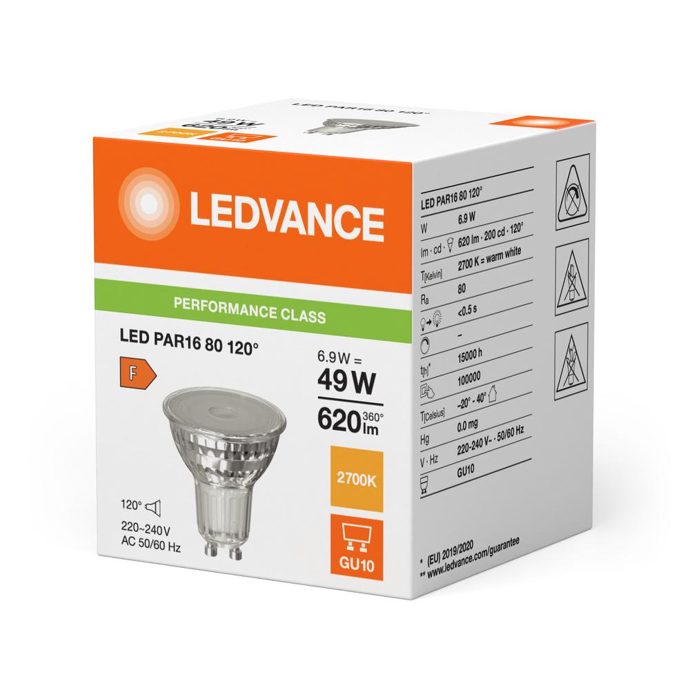 LED žiarovka LEDVANCE PAR16 GU10 6,9W – 620lm, 2700K, 120°