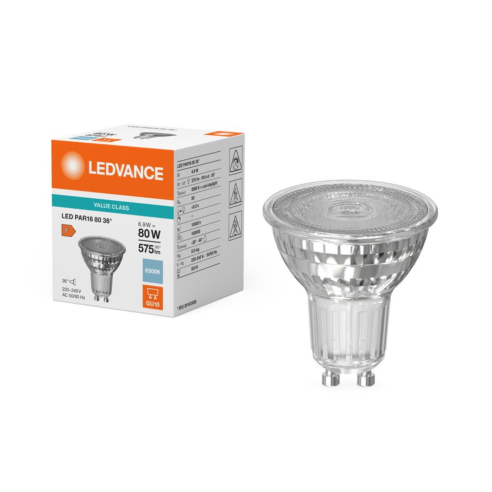 LED žiarovka LEDVANCE PAR16 GU10 6,9W = 80W, 575lm, 6500K, 36°