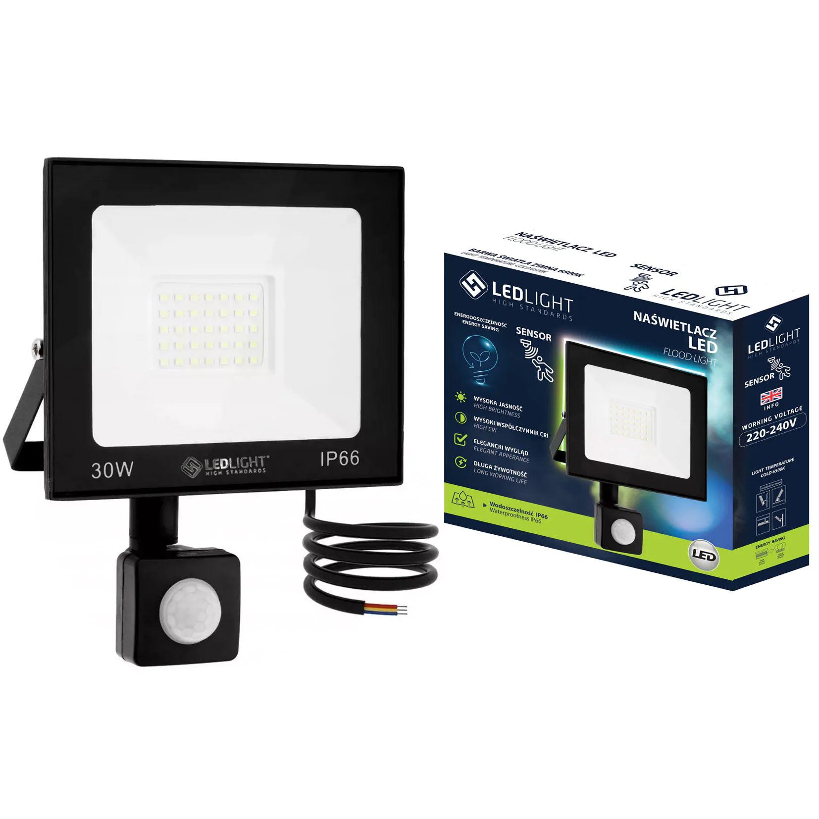 LED Reflektor 30W s PIR Senzorom Studená Biela, IP66 Premium