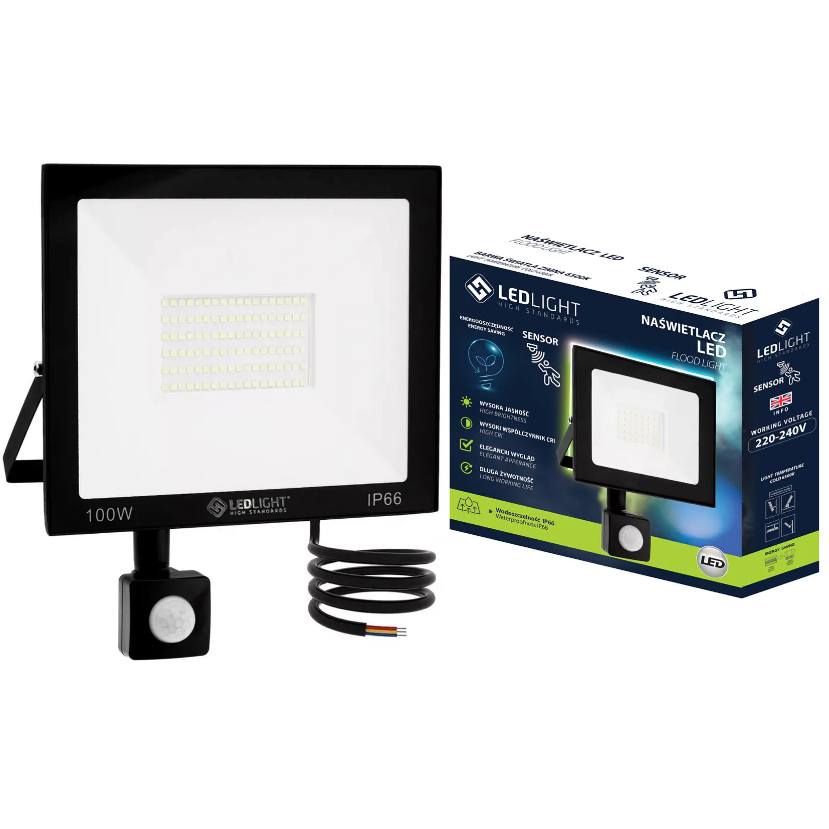 LED reflektor so senzorom pohybu, studená biela, IP66, 100 W, Premium - LEDLIGHT