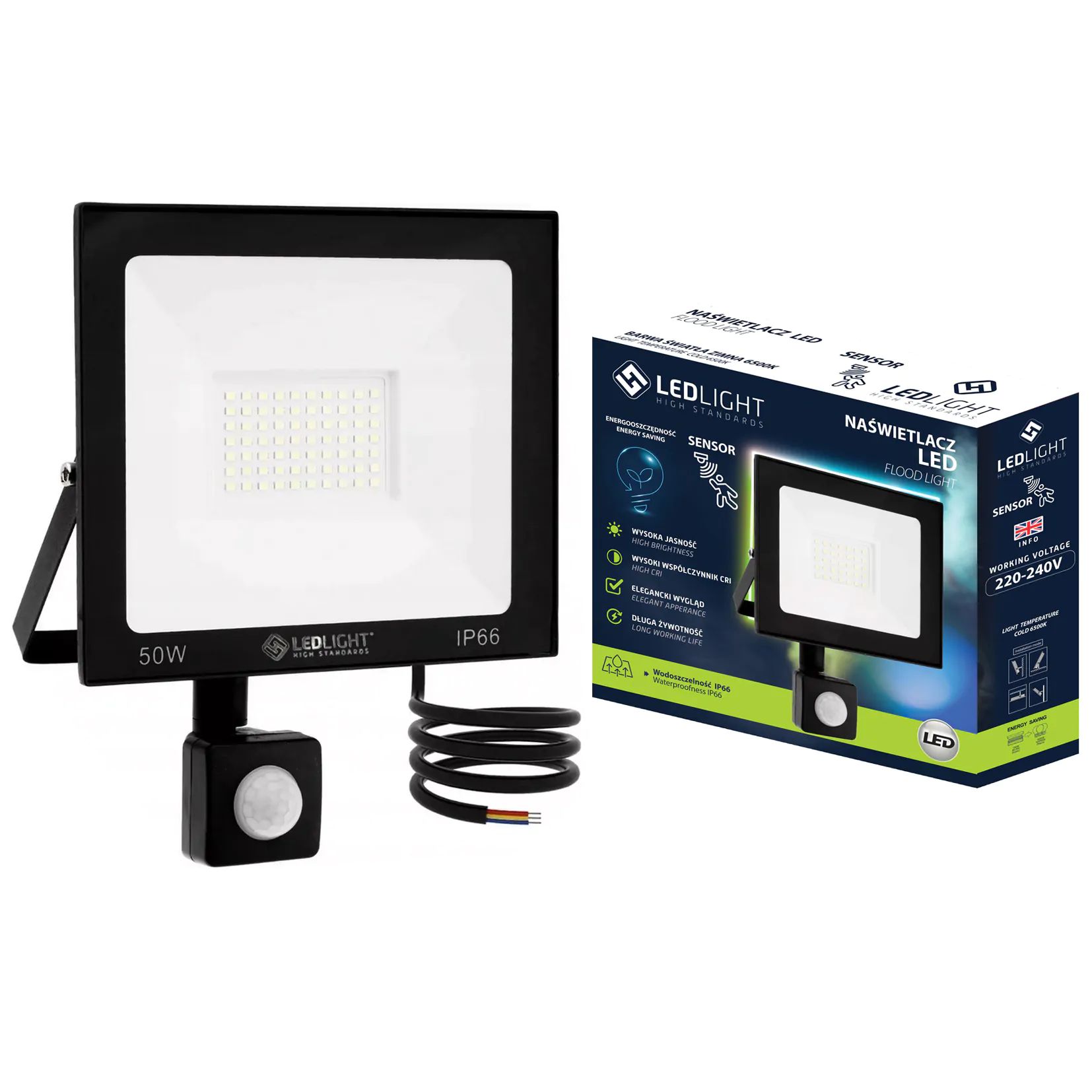 LED reflektor so senzorom pohybu, studená biela, IP66, 50 W, Premium - LEDLIGHT