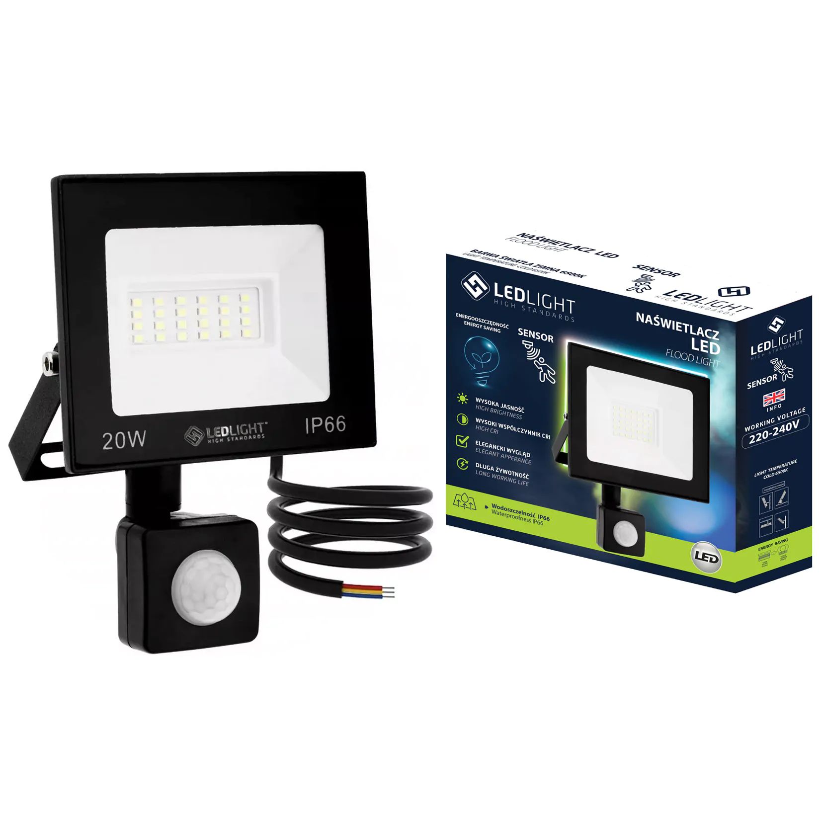 LED reflektor, studená biela, IP66, 20 W, so senzorom pohybu Premium - LEDLIGHT