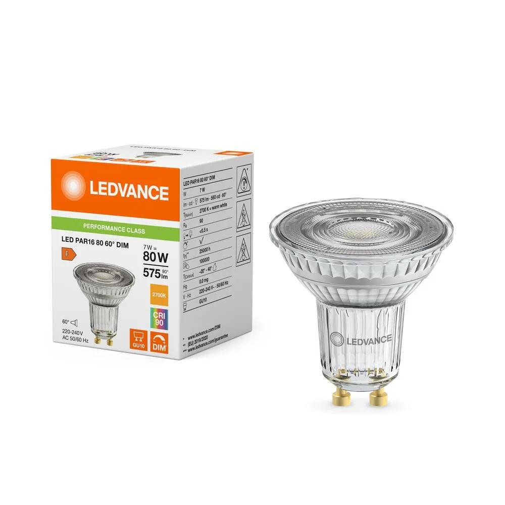LED reflektorová žiarovka GU10 PAR16 7W = 80W, 575 lm, 2700K, CRI90, 60°, stmievateľná – Ledvance