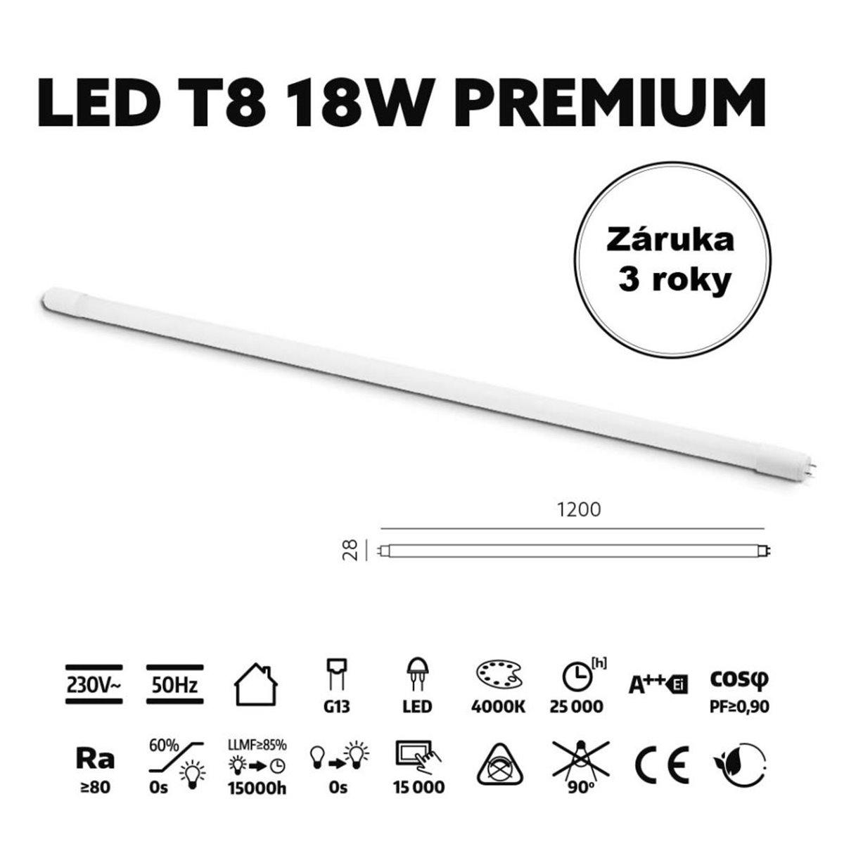 LED TRUBICA T8 18W 4000K 120CM SKLENENÁ PREMIUM