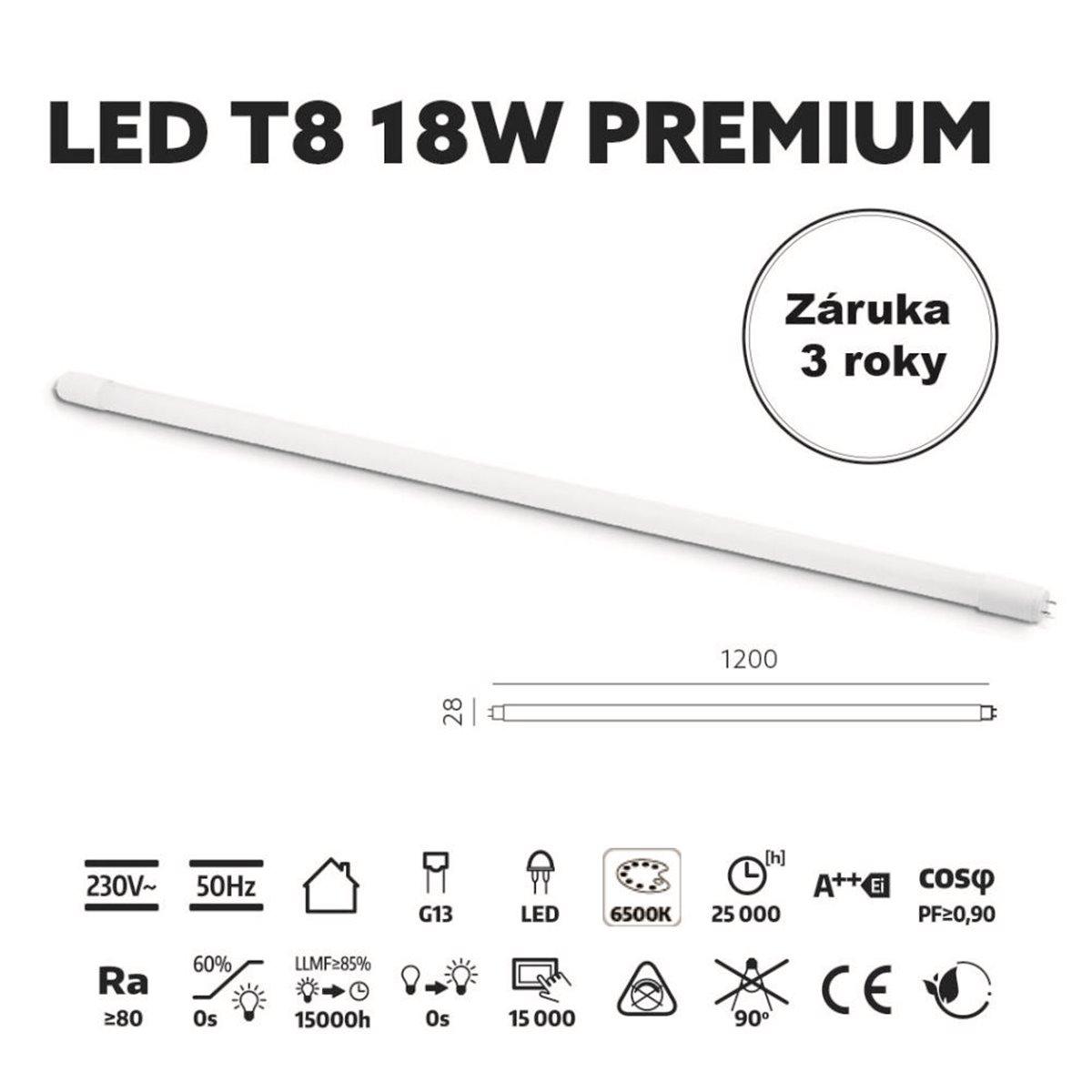 LED TRUBICA T8 18W 6500K 120CM SKLENENÁ PREMIUM