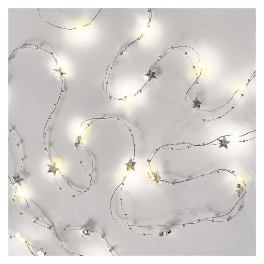 LED vianočná reťaz strieborný – hviezdičky, 1,9 m, 2x AA, vnútorný, teplá biela, časovač