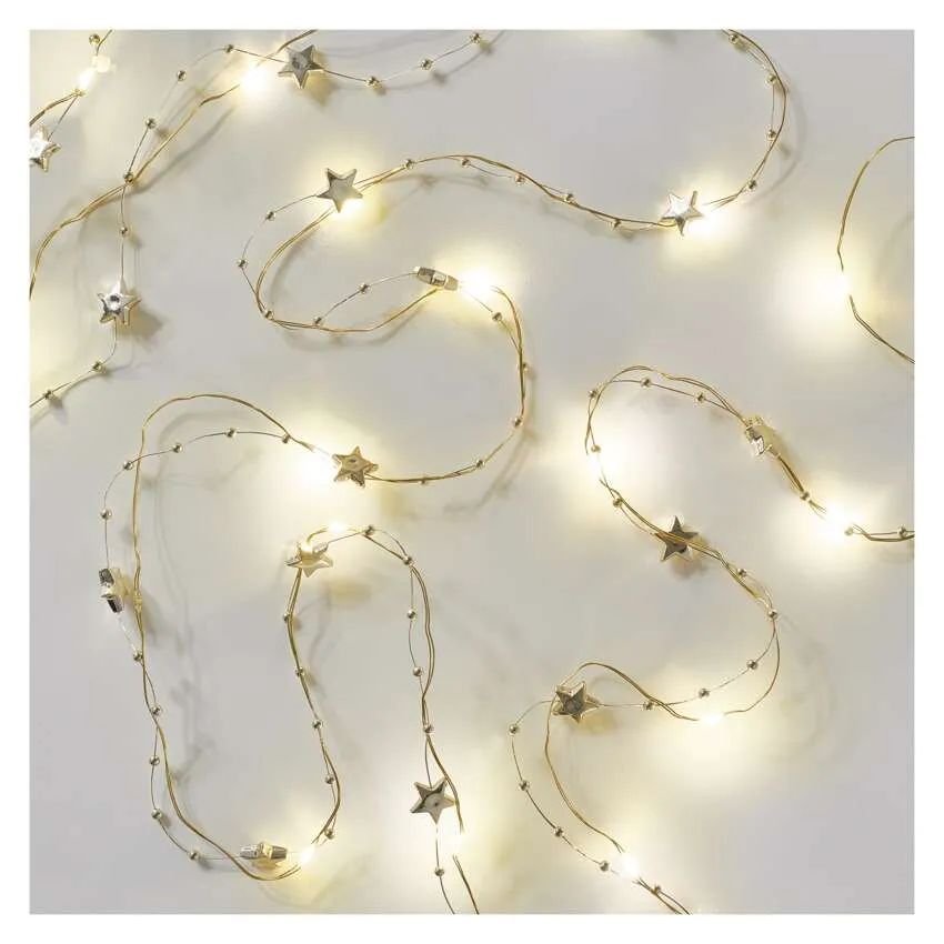 LED vianočná reťaz zlatá – hviezdičky, 1,9 m, 2x AA, vnútorný, teplá biela, časovač