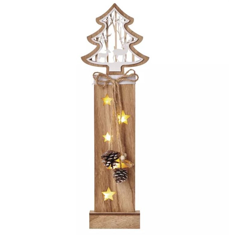 LED vianočný strom drevený, 48cm, 2× AA, teplá biela, čas.