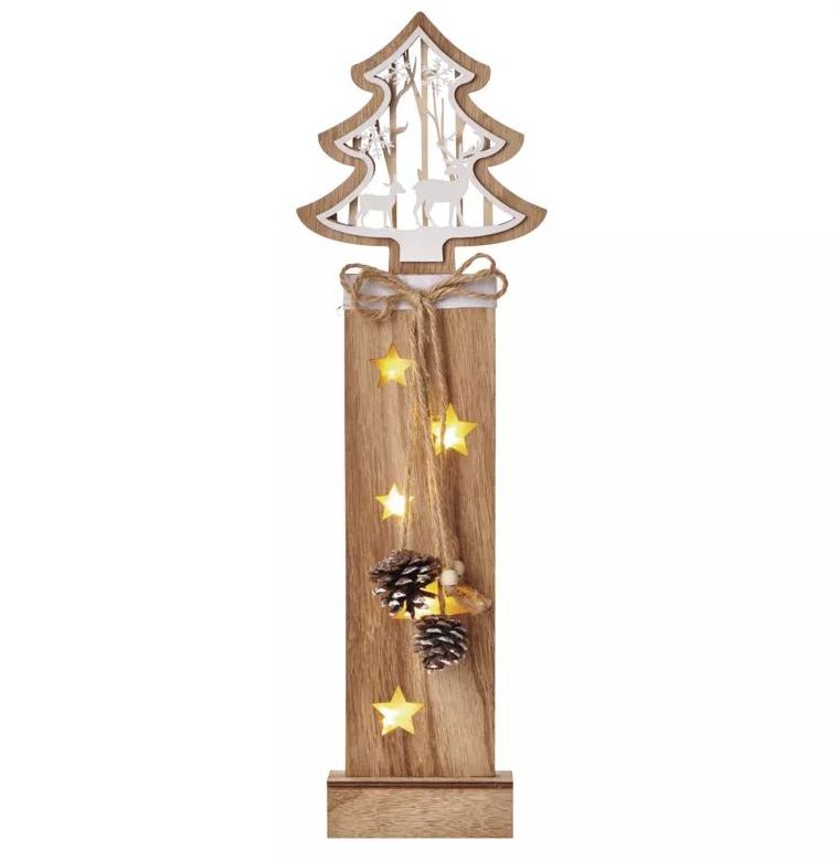 LED vianočný strom drevený, 48cm, 2× AA, teplá biela, čas.