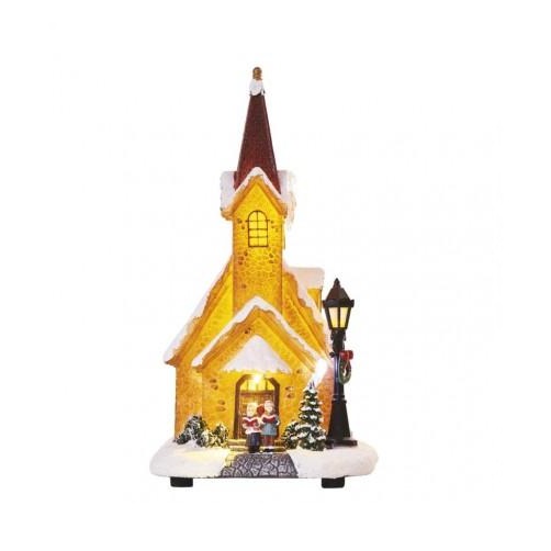 LED zasnežený vianočný kostol, 26 cm, 3× AA, vnút., teplá biela