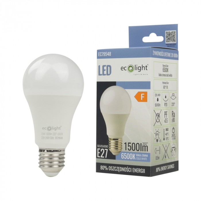 LED žiarovka CLASSIC GLS E27 15W 6500K 1500 lm – studená biela