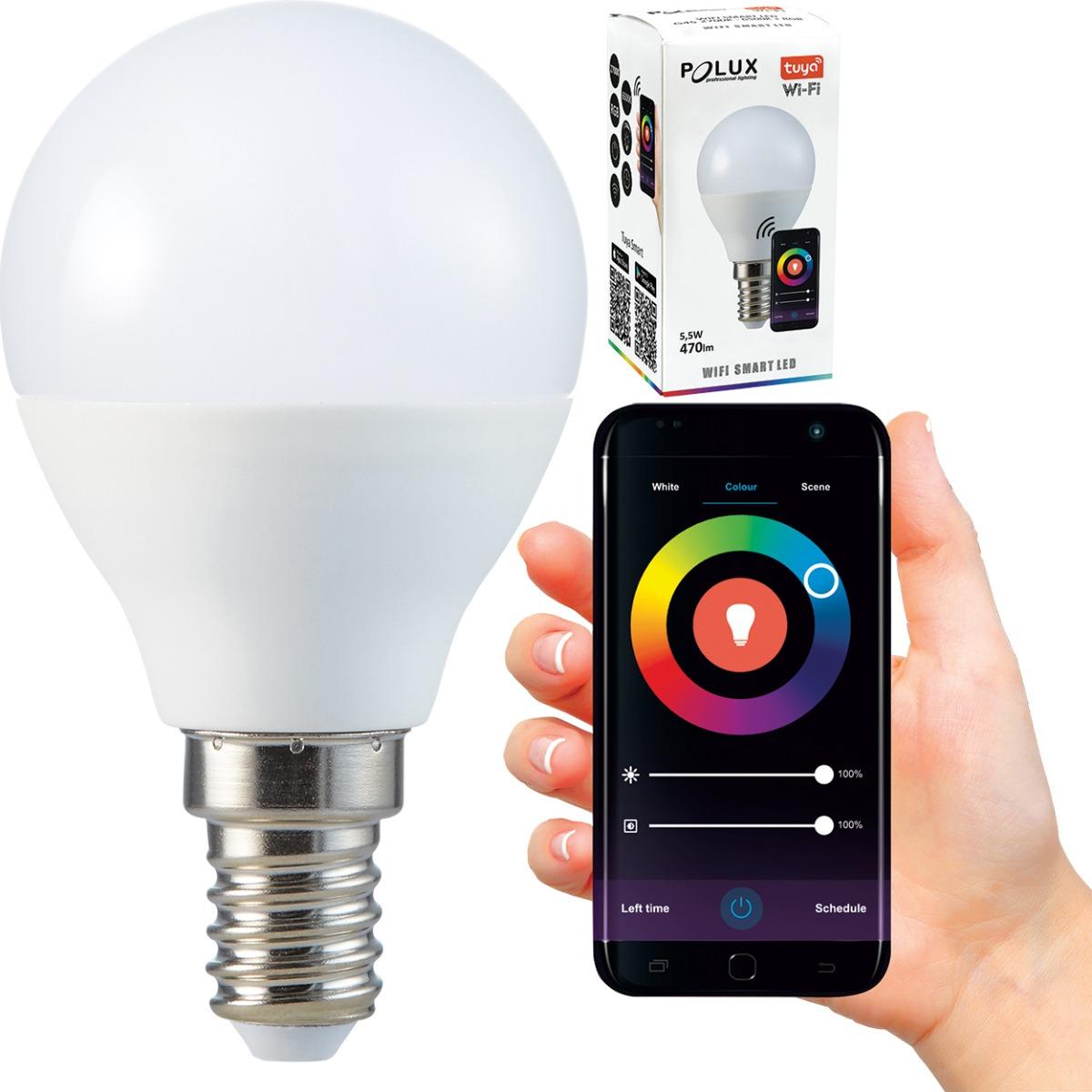 LED ŽIAROVKA E14 G45 5,5W 470LM 2700K-6500K RGB 150° POLUX SMART WIFI TUYA