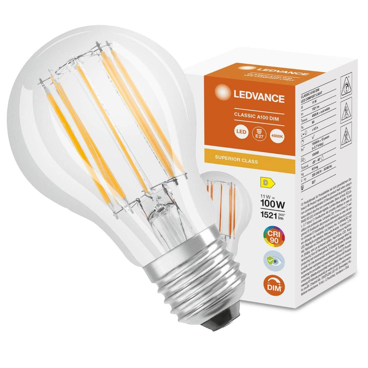 E27 LED FILAMENT A60 11W NEUTRÁLNA BIELA 360° STMIEVATEĽNÁ LEDVANCE SUPERIOR