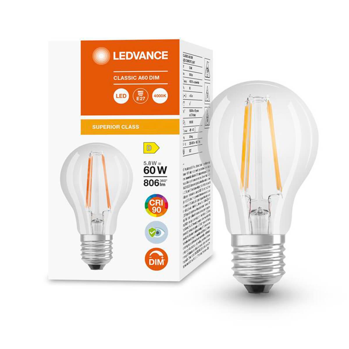 LED ŽIAROVKA E27 A60 5,8W NEUTRÁLNA BIELA 300°  STMIEVATEĽNÉ VLÁKNO