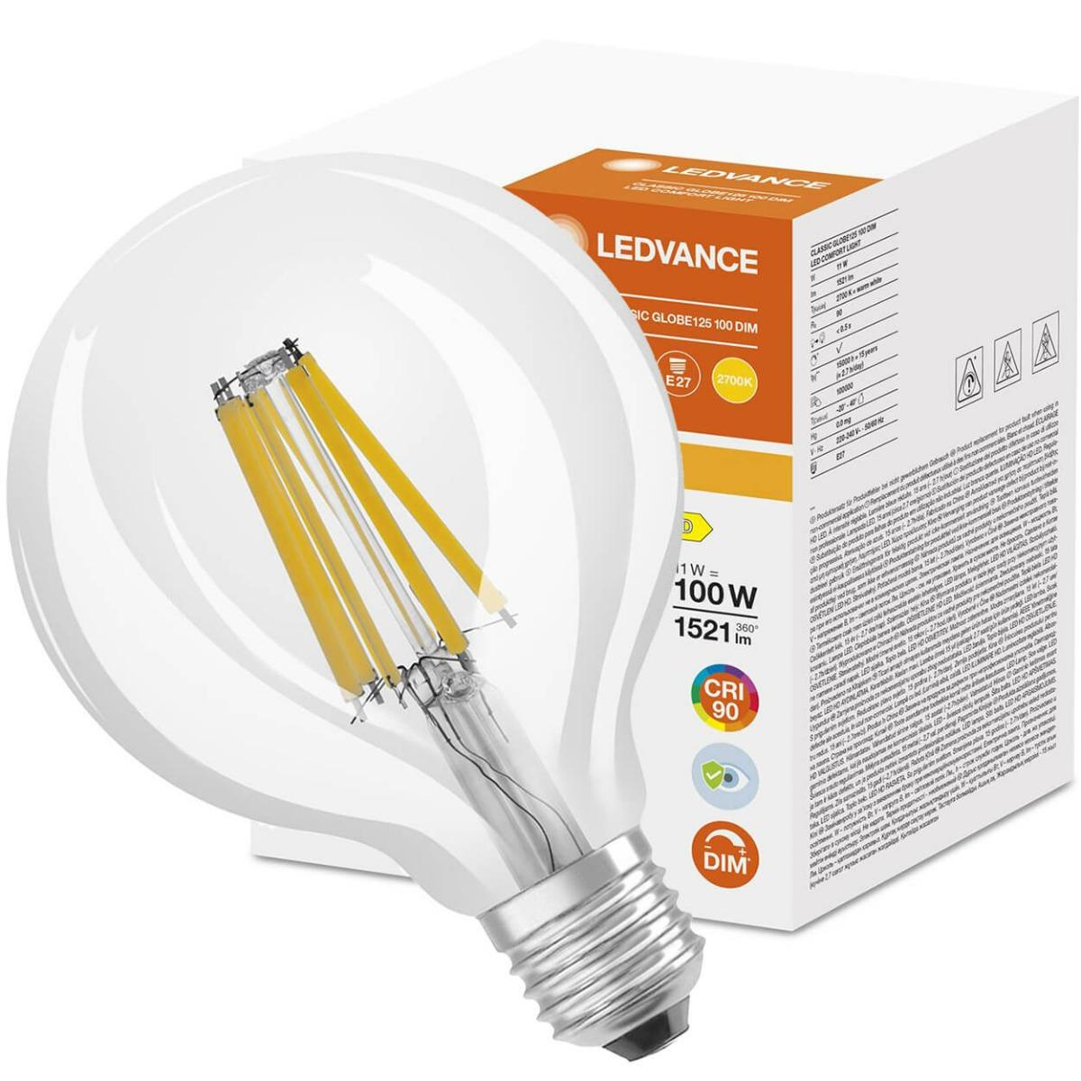 E27 LED G125 11W TEPLÁ BIELA 360° STMIEVATEĽNÁ FILAMENT LEDVANCE SUPERIOR