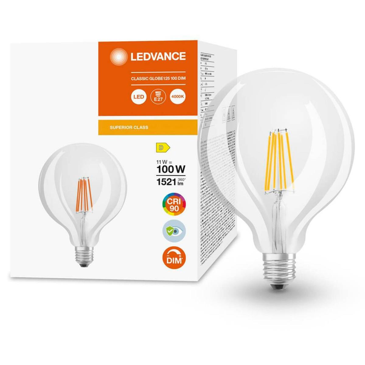 LED ŽIAROVKA E27 G125 11W NEUTRÁLNA BIELA 360° STMIEVATEĽNÉ LEDVANCE SUPERIOR