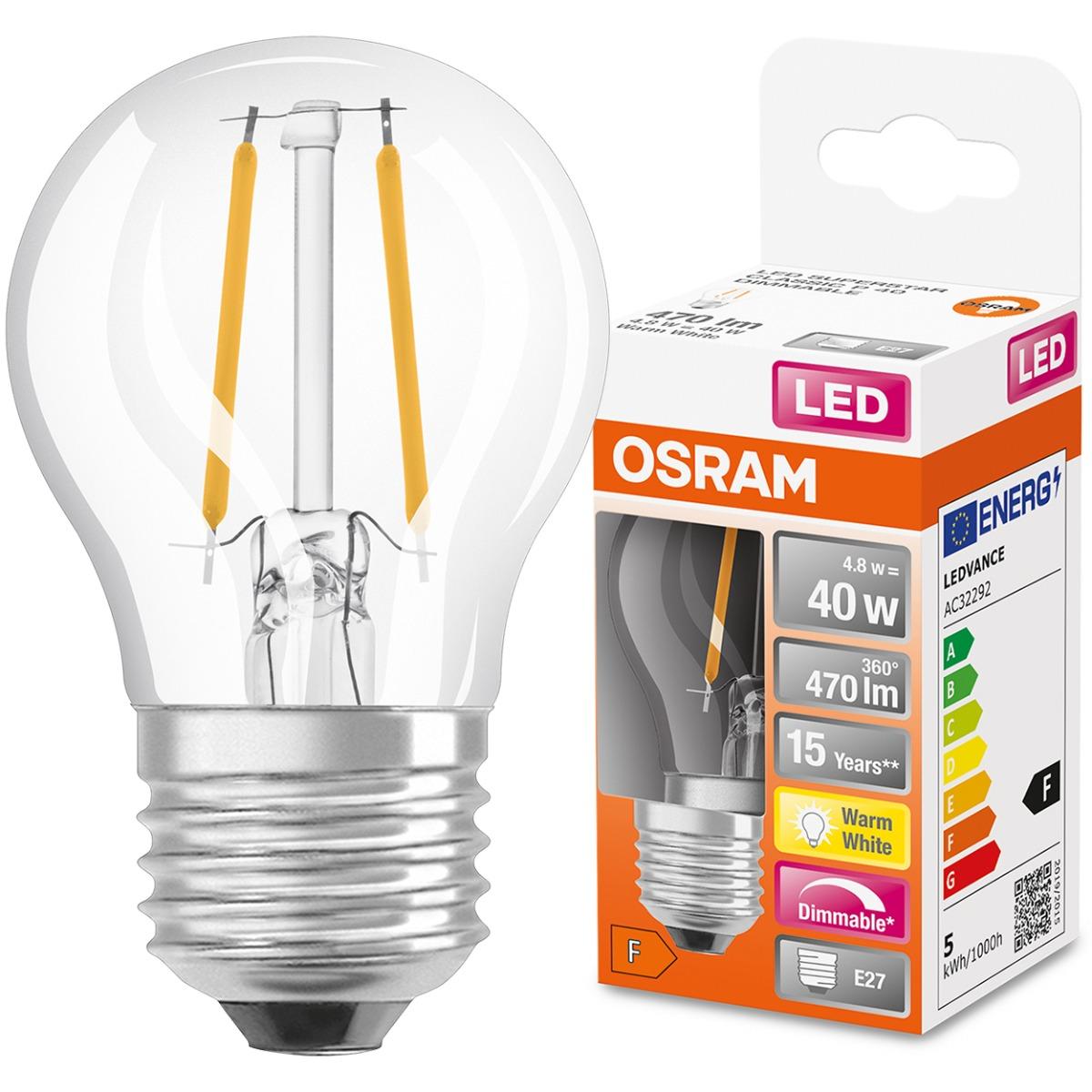 E27 LED STMIEVATEĽNÁ P45 CL 4,8W 2700K TEPLÁ 360° FILAMENT OSRAM SUPER STAR