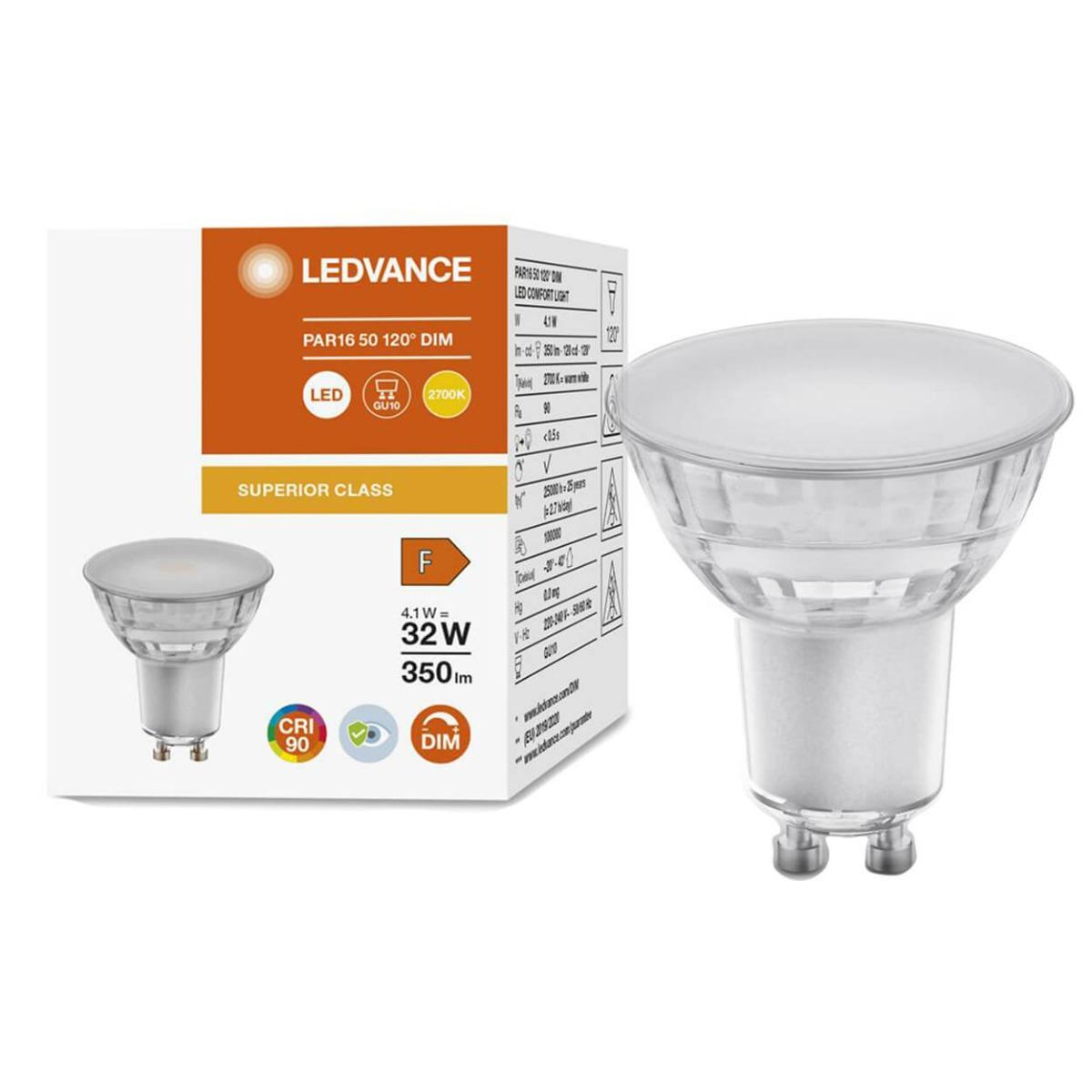 LED ŽIAROVKA GU10 4,1W 120° Teplá biela STMIEVATEĽNÉ SKLO 