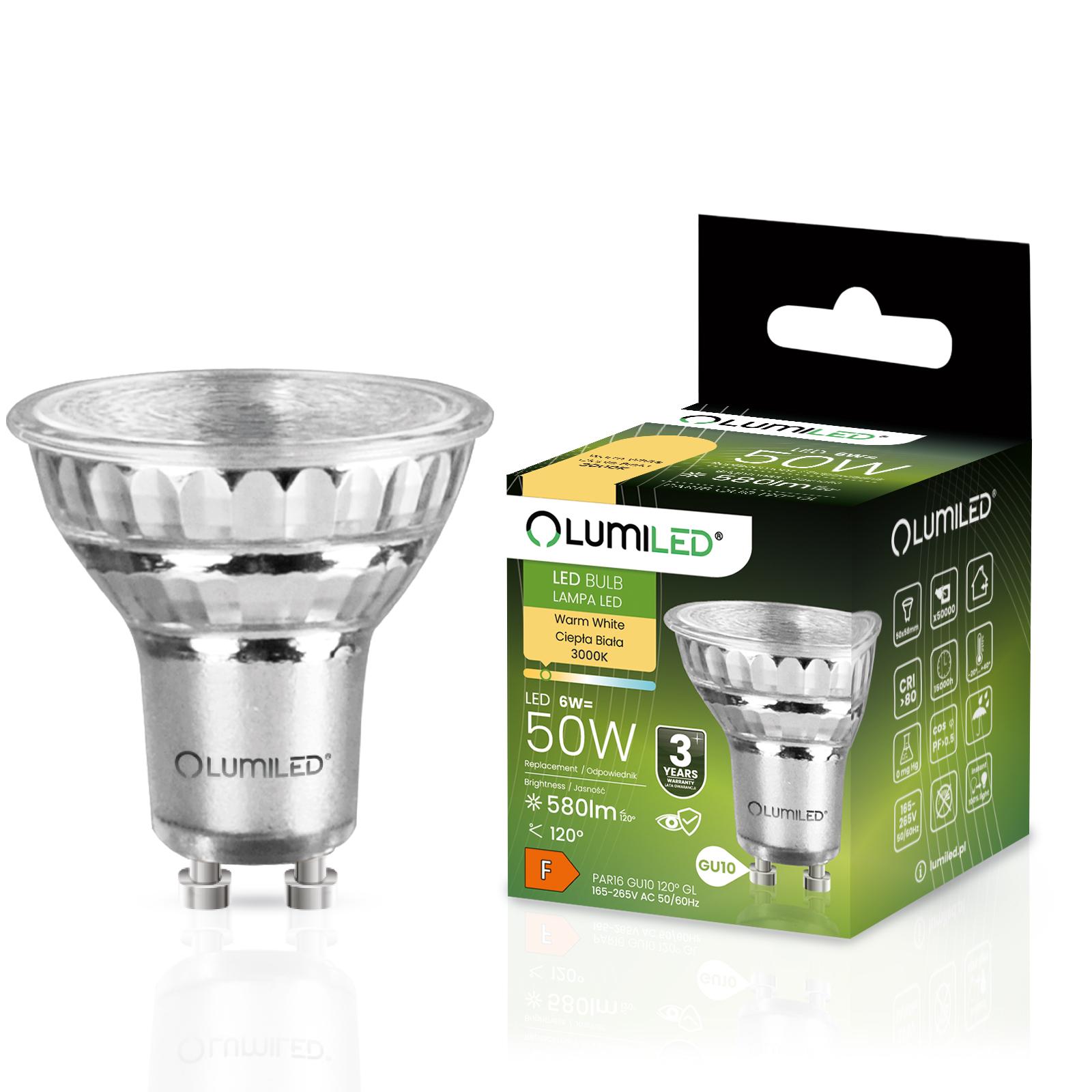 LED žiarovka GU10 6W  – 580 lm, 3000K, 120° uhol svietenia, sklenené telo LUMILED