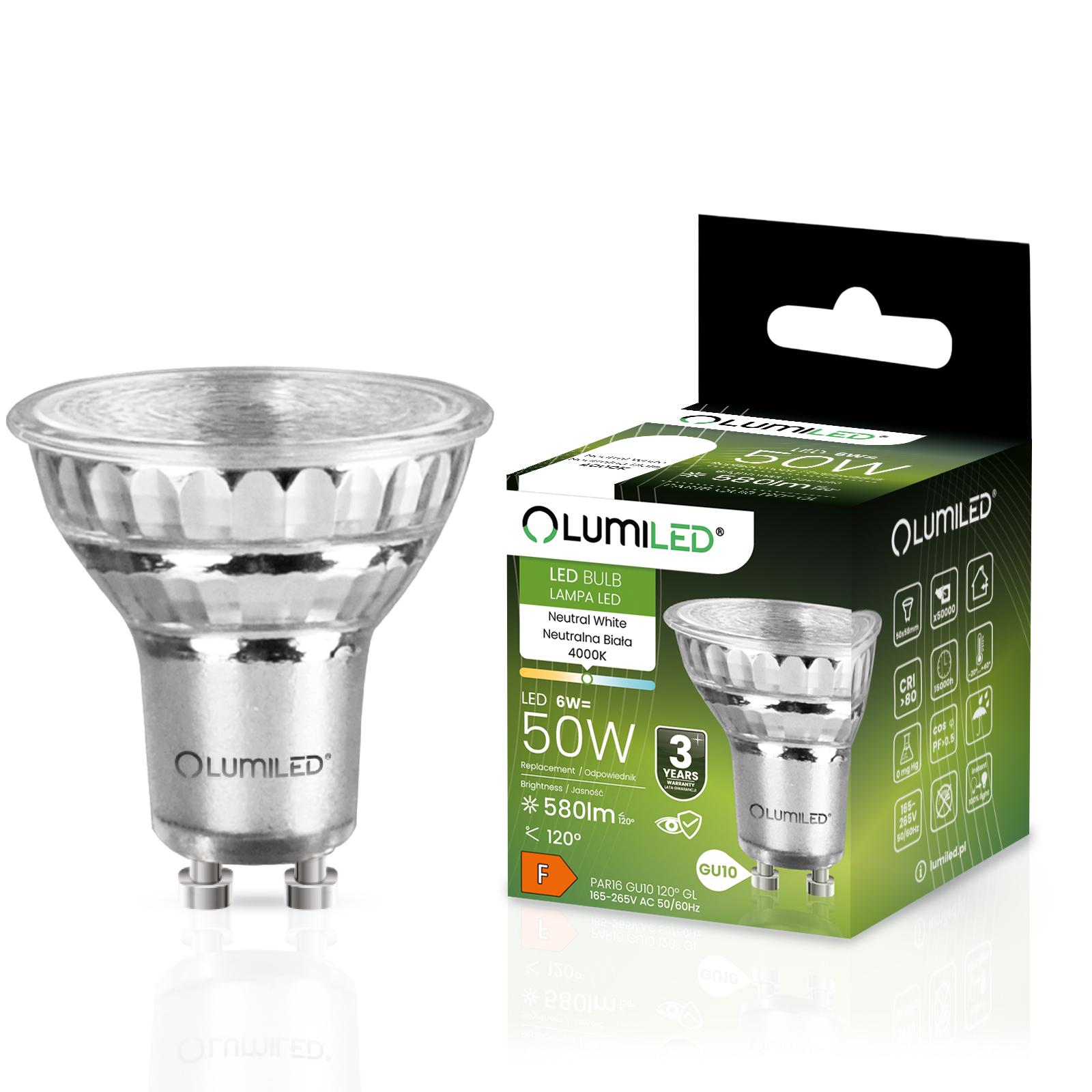 LED žiarovka GU10 6W = 50W 580lm 4000K neutrálna biela, 120° sklo – LUMILED