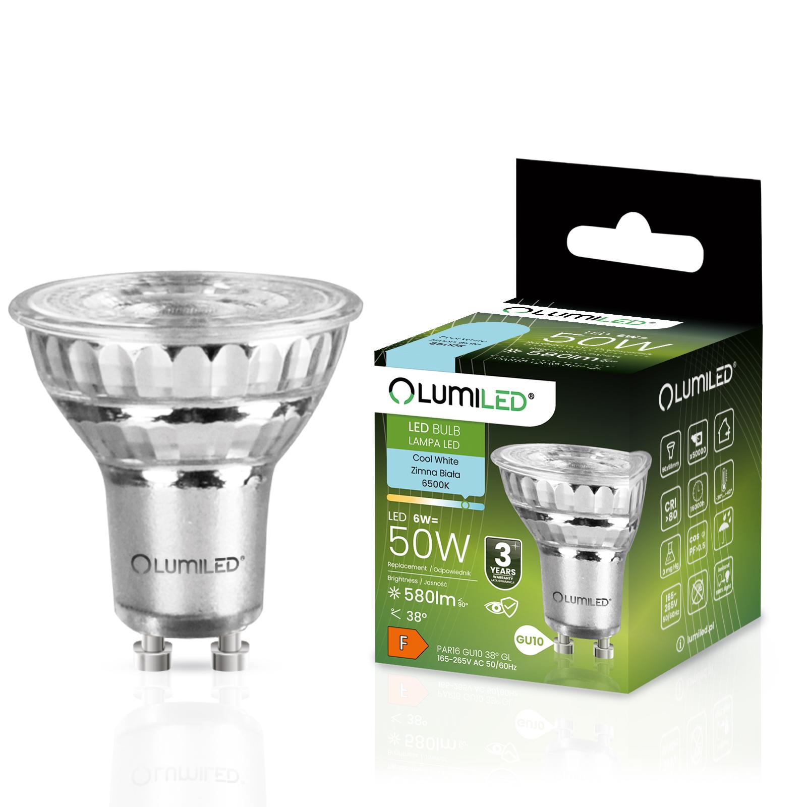 LED žiarovka GU10 6W = 50W 580lm 6500K Studené 38° sklo LUMILED