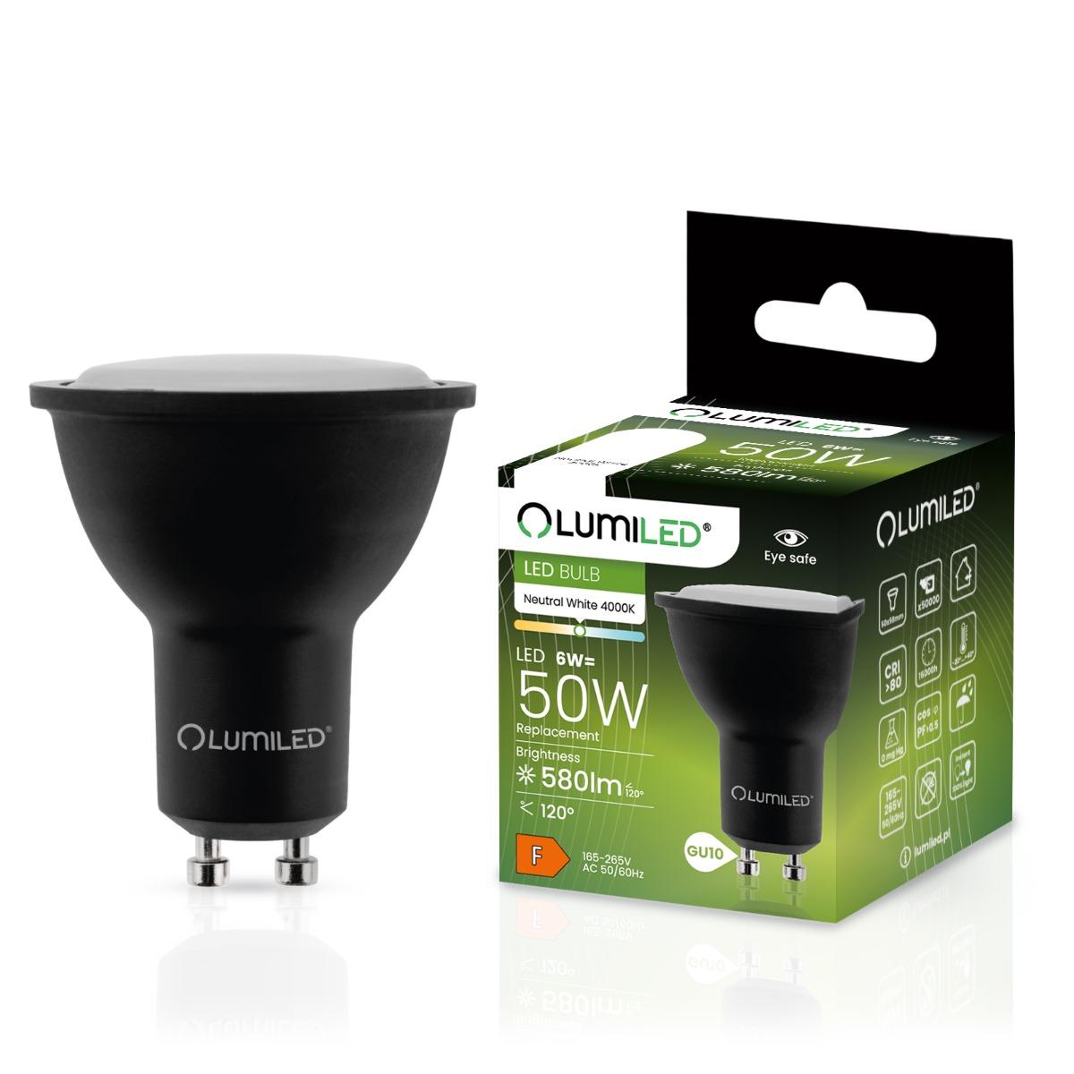 LED žiarovka GU10 6W = 60W 580lm 4000K Neutrálna 120° Čierna LUMILED