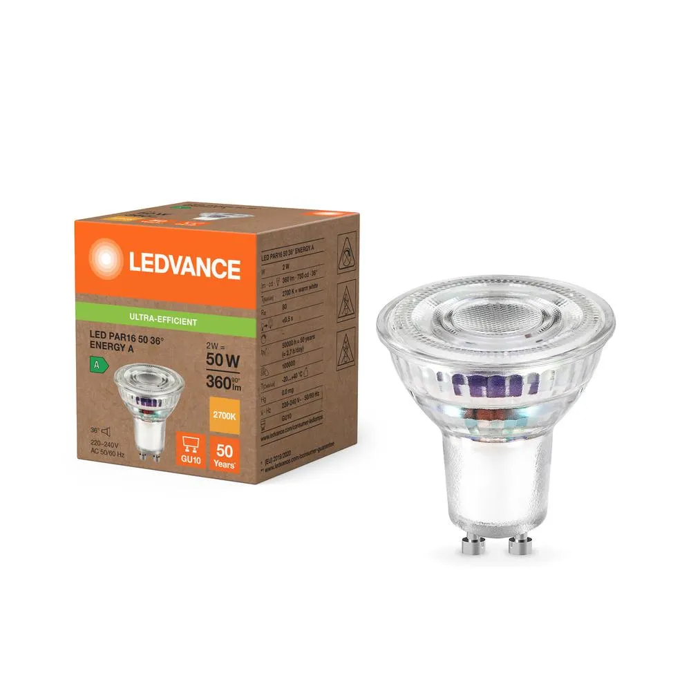 LED žiarovka GU10 PAR16 2W = 50W, 360lm, 2700K, 36° – Ledvance