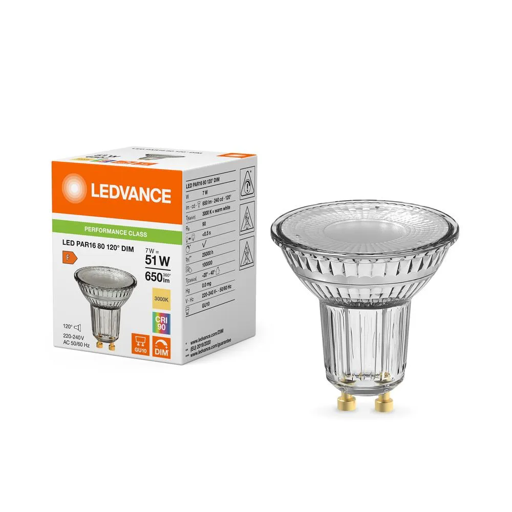 LED žiarovka GU10 PAR16 7W, 650lm, 3000K, 120°, CRI90, Stmievateľná – Ledvance