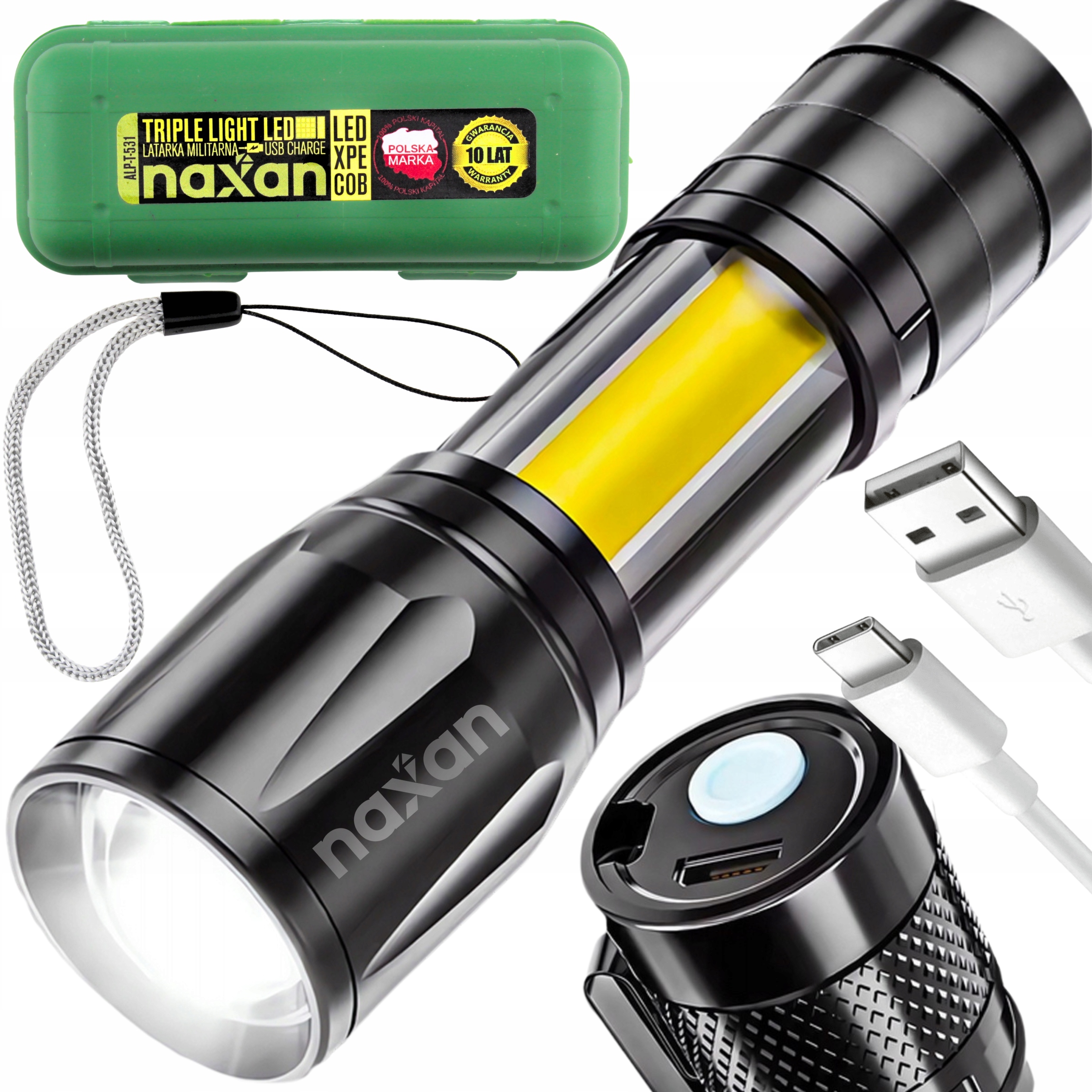 Multifunkčná LED baterka Naxan 5 W XPE + COB, USB, zoom