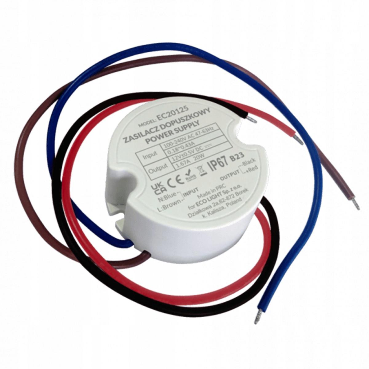 Podomietkový napájací zdroj fi60 20W 12V DC 1,67A IP67